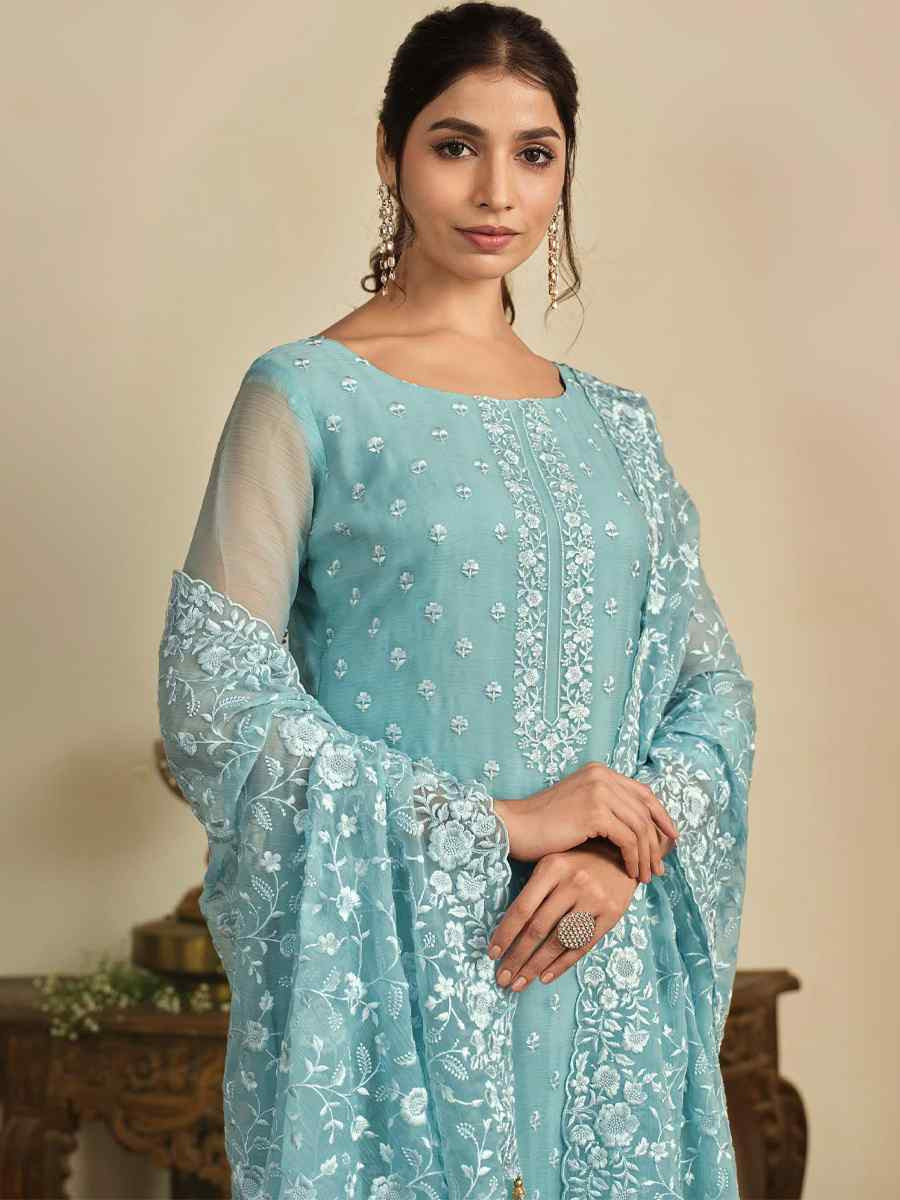 Sky Blue Chiffon Organza Embroidered Festival Wedding Pant Salwar Kameez