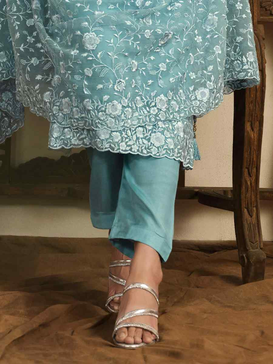 Sky Blue Chiffon Organza Embroidered Festival Wedding Pant Salwar Kameez