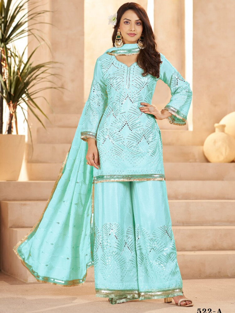 Image of Sky Blue Chinon Sequins Wedding Party Festival Casual Palazzo Pant Salwar Kameez
