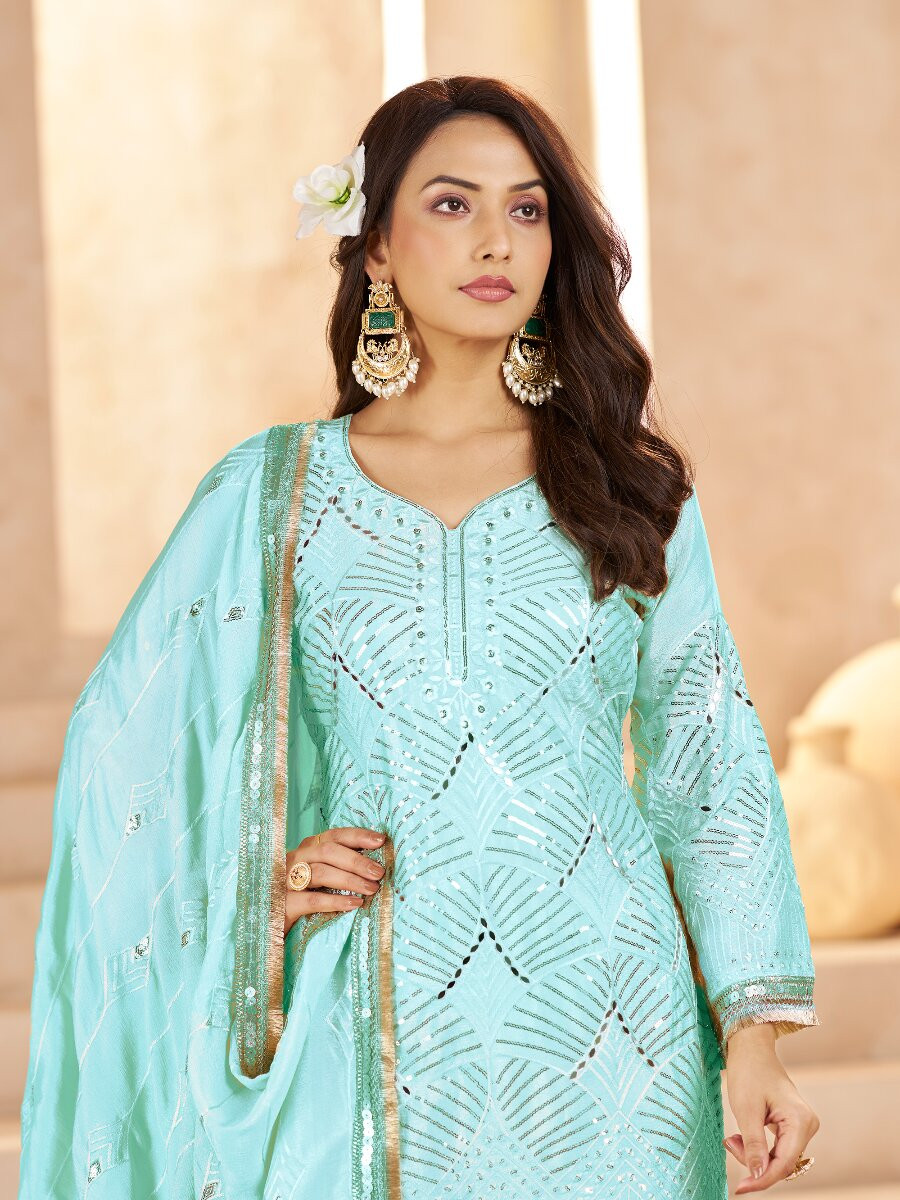 Sky Blue Chinon Sequins Wedding Party Festival Casual Palazzo Pant Salwar Kameez