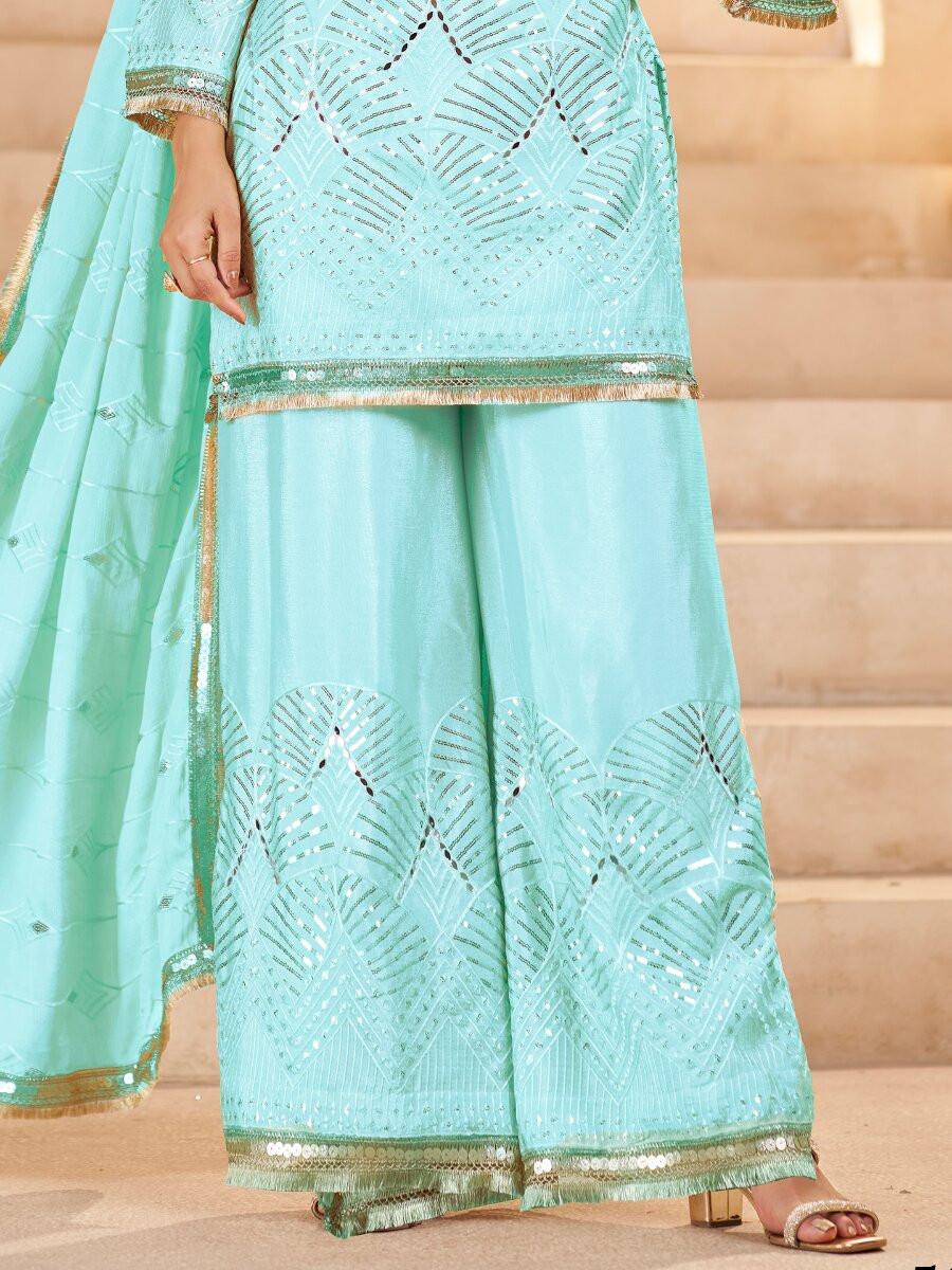 Sky Blue Chinon Sequins Wedding Party Festival Casual Palazzo Pant Salwar Kameez