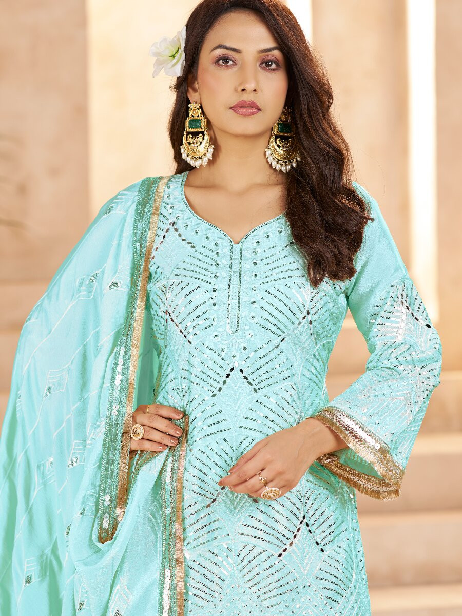 Sky Blue Chinon Sequins Wedding Party Festival Casual Palazzo Pant Salwar Kameez