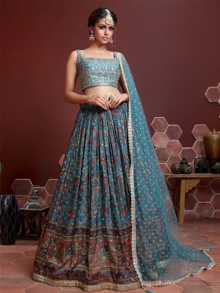 Sky Blue Chinon Silk Embroidered Bridesmaid Wedding Heavy Border Lehenga Choli
