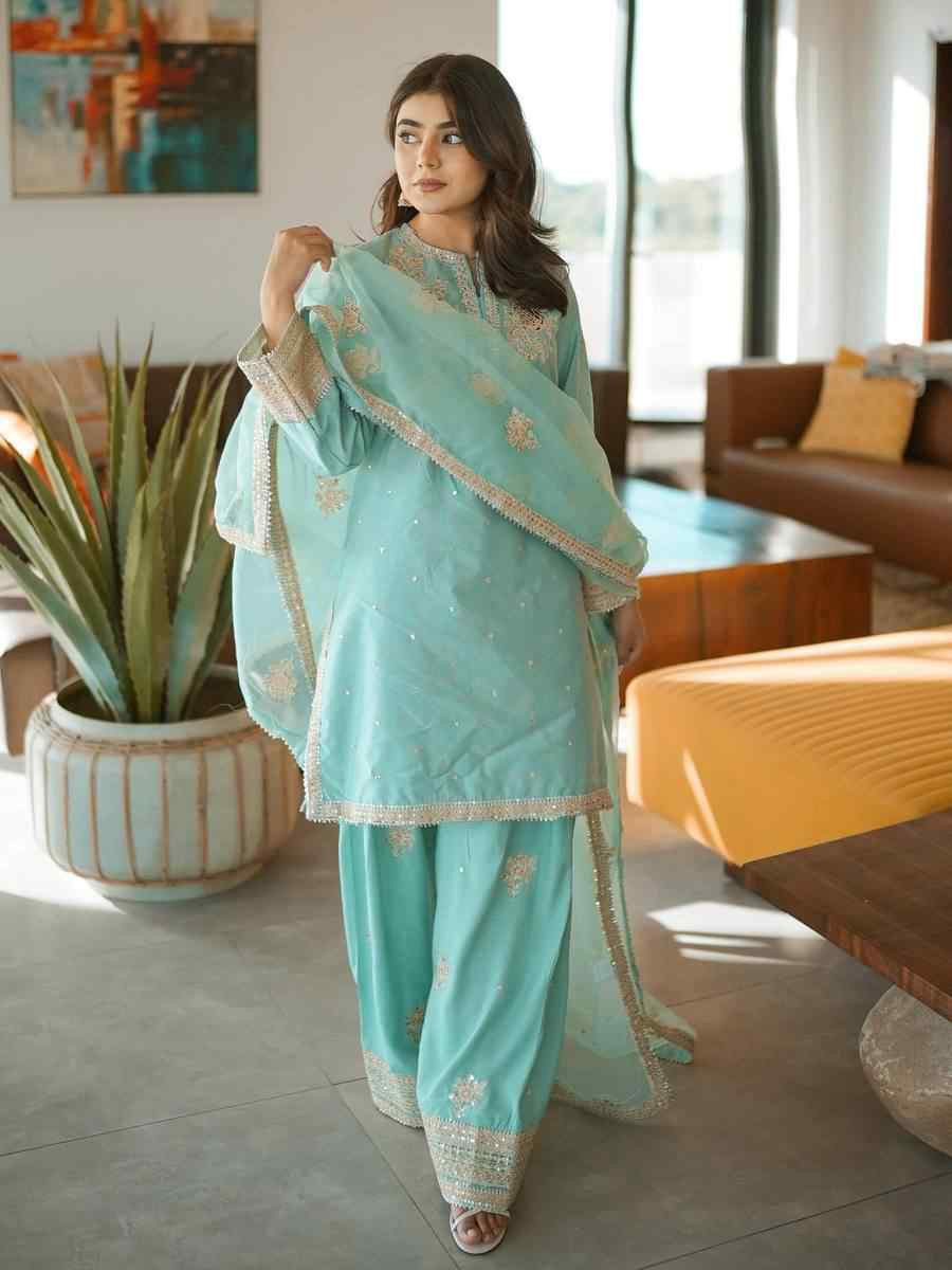 Sky Blue Chinon Silk Embroidered Festival Casual Ready Farsi Salwar Kameez