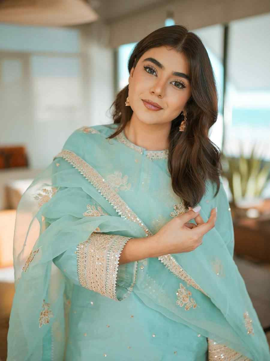 Sky Blue Chinon Silk Embroidered Festival Casual Ready Farsi Salwar Kameez