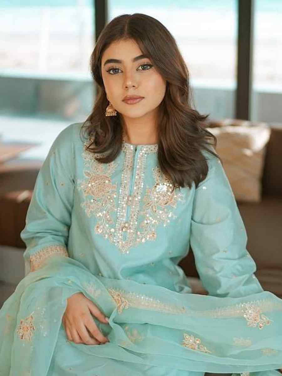 Sky Blue Chinon Silk Embroidered Festival Casual Ready Farsi Salwar Kameez