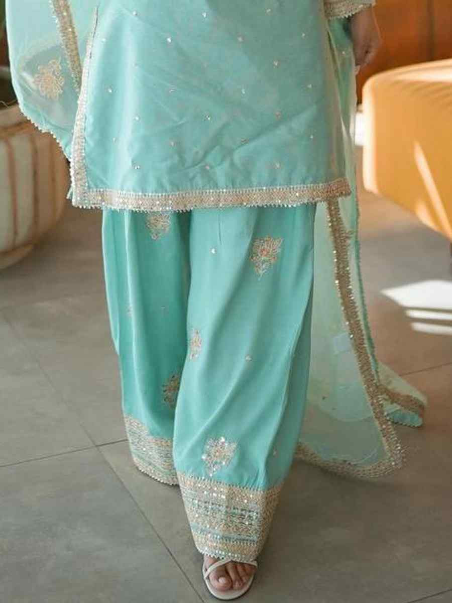 Sky Blue Chinon Silk Embroidered Festival Casual Ready Farsi Salwar Kameez