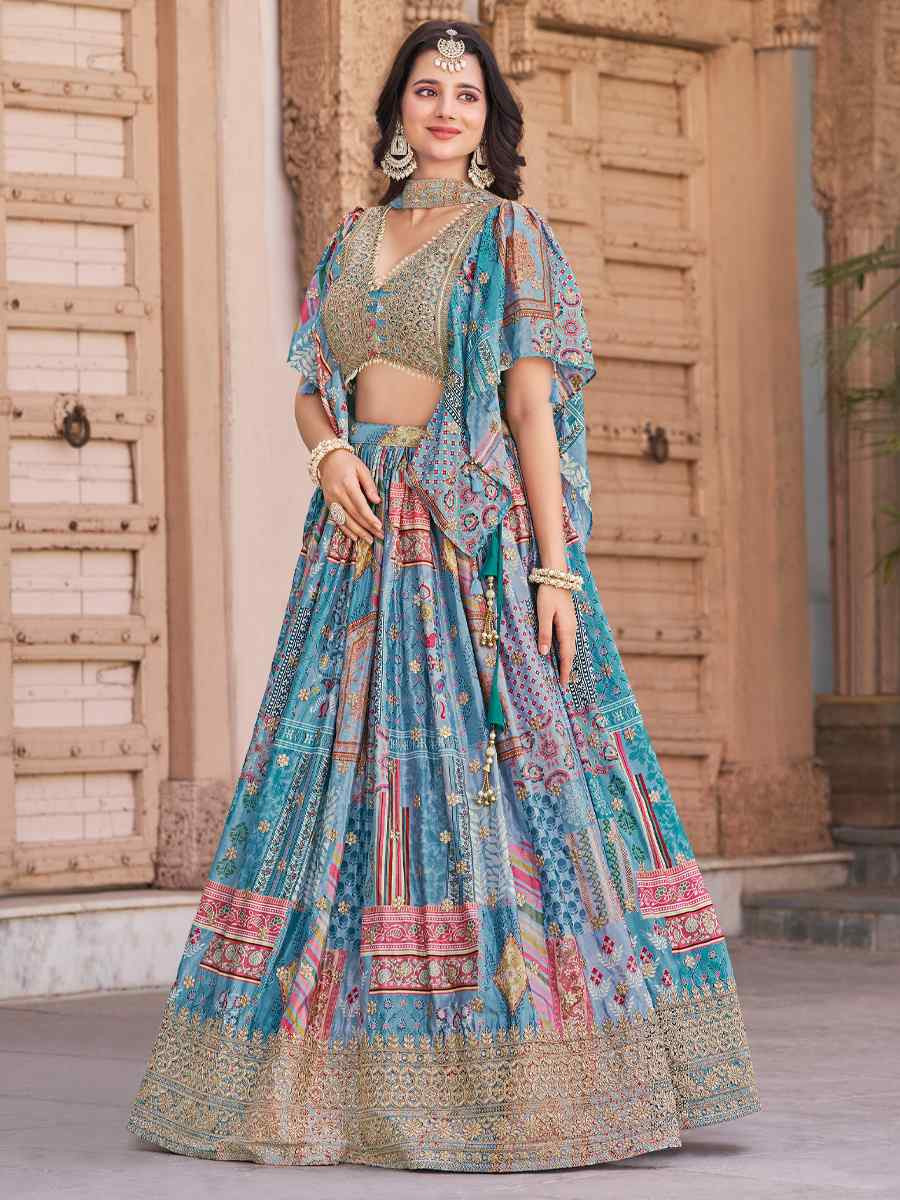 Sky Blue Chinon Silk Embroidered Wedding Reception Festival Heavy Border Lehenga Choli