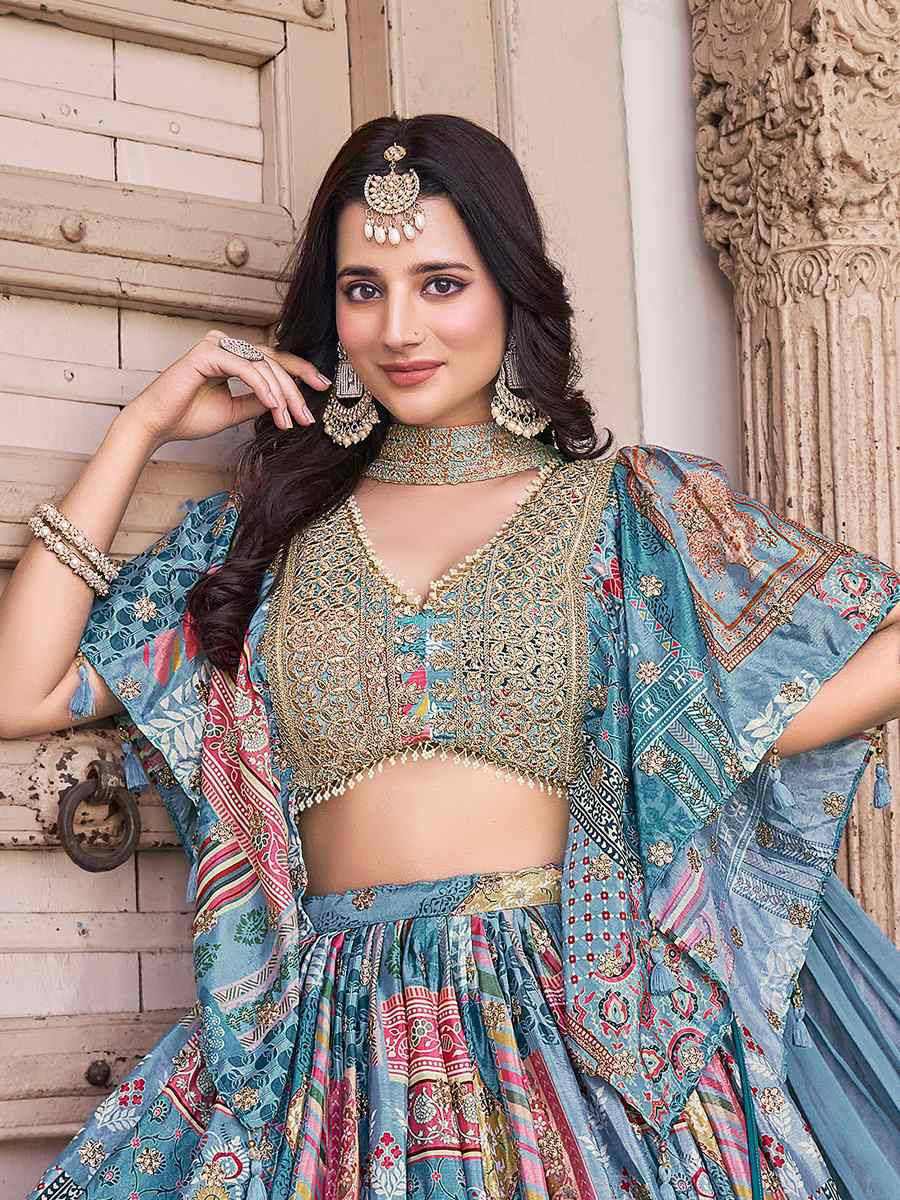 Sky Blue Chinon Silk Embroidered Wedding Reception Festival Heavy Border Lehenga Choli