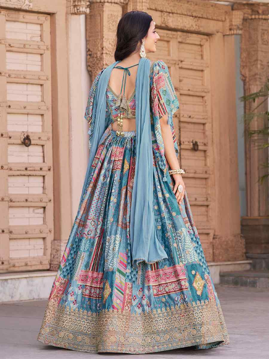 Sky Blue Chinon Silk Embroidered Wedding Reception Festival Heavy Border Lehenga Choli