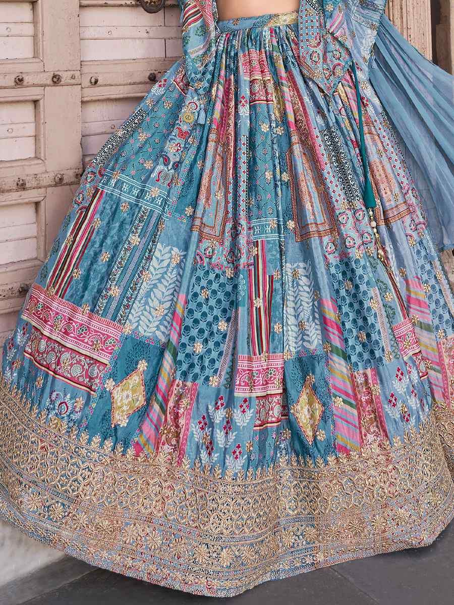Sky Blue Chinon Silk Embroidered Wedding Reception Festival Heavy Border Lehenga Choli