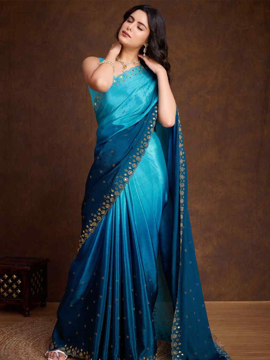 Sky Blue Chinon Silk Embroidery Casual Reception Festival Wedding Fancy Heavy Border Sarees