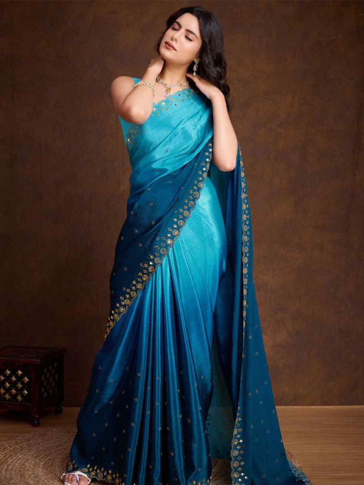 Image of Sky Blue Chinon Silk Embroidery Casual Reception Festival Wedding Fancy Heavy Border Sarees
