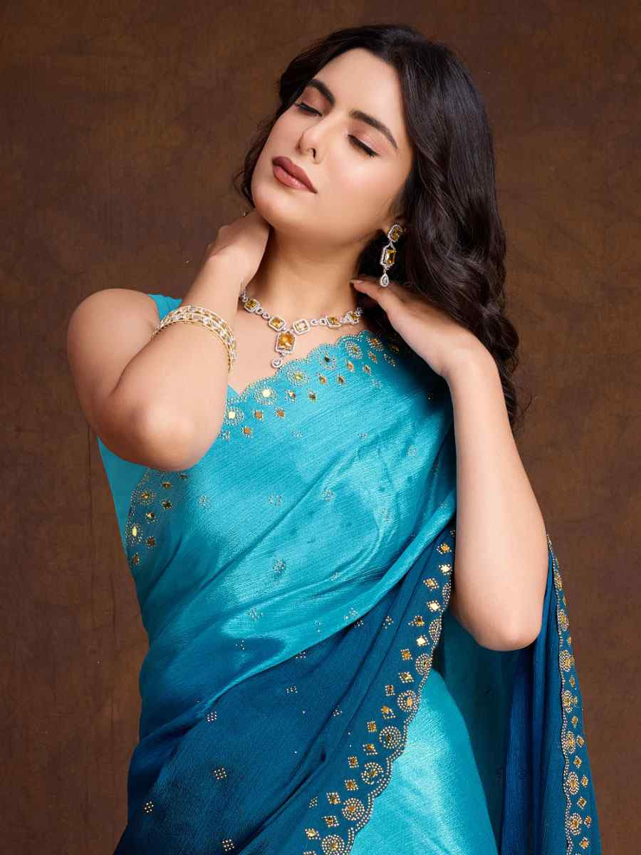 Sky Blue Chinon Silk Embroidery Casual Reception Festival Wedding Fancy Heavy Border Sarees