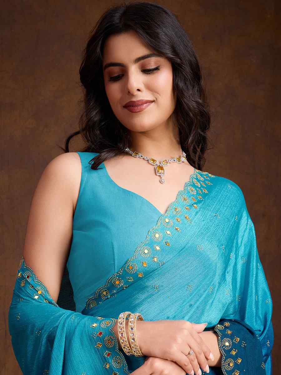 Sky Blue Chinon Silk Embroidery Casual Reception Festival Wedding Fancy Heavy Border Sarees