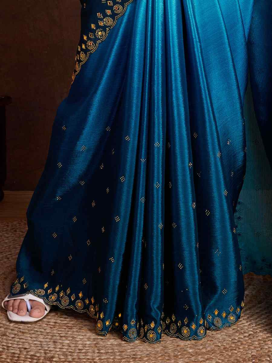 Sky Blue Chinon Silk Embroidery Casual Reception Festival Wedding Fancy Heavy Border Sarees
