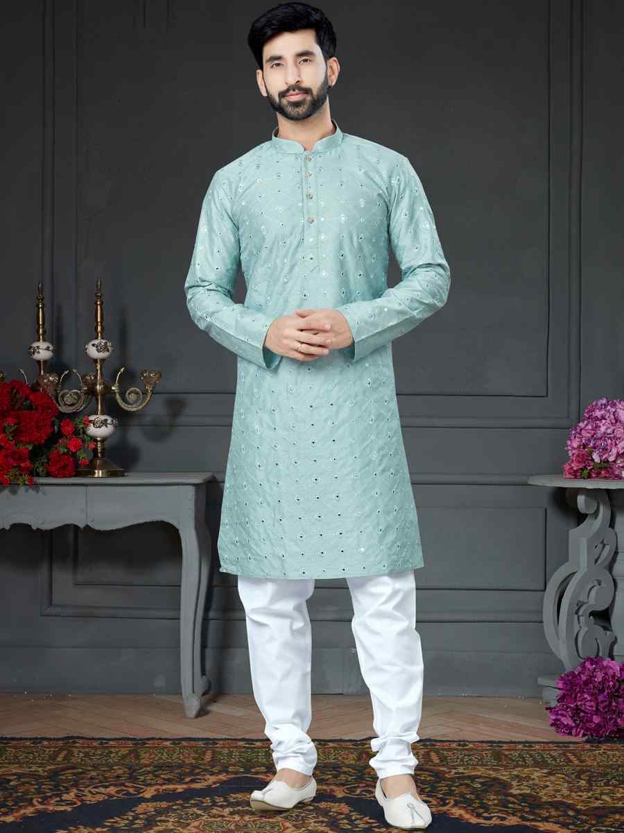 Sky Blue Cotton Art Silk Woven Festival Kurta