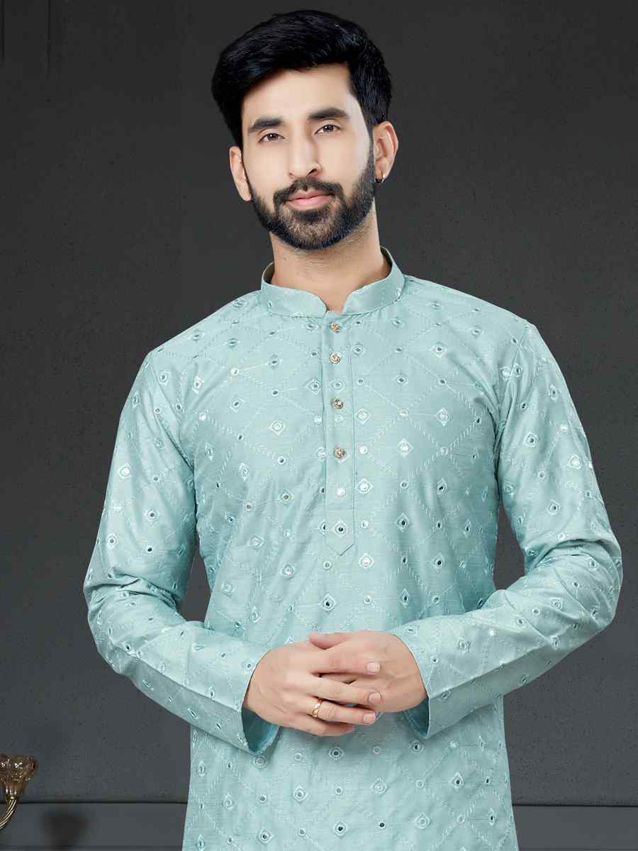 Sky Blue Cotton Art Silk Woven Festival Kurta