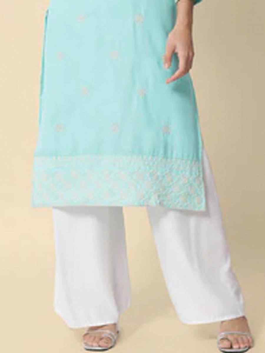 Sky Blue Cotton Blend Embroidered Casual Festival Kurti