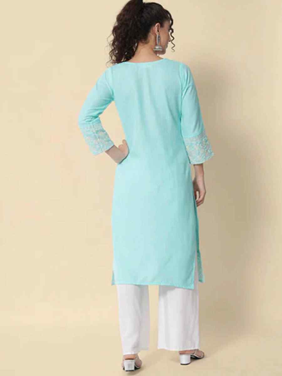 Sky Blue Cotton Blend Embroidered Casual Festival Kurti
