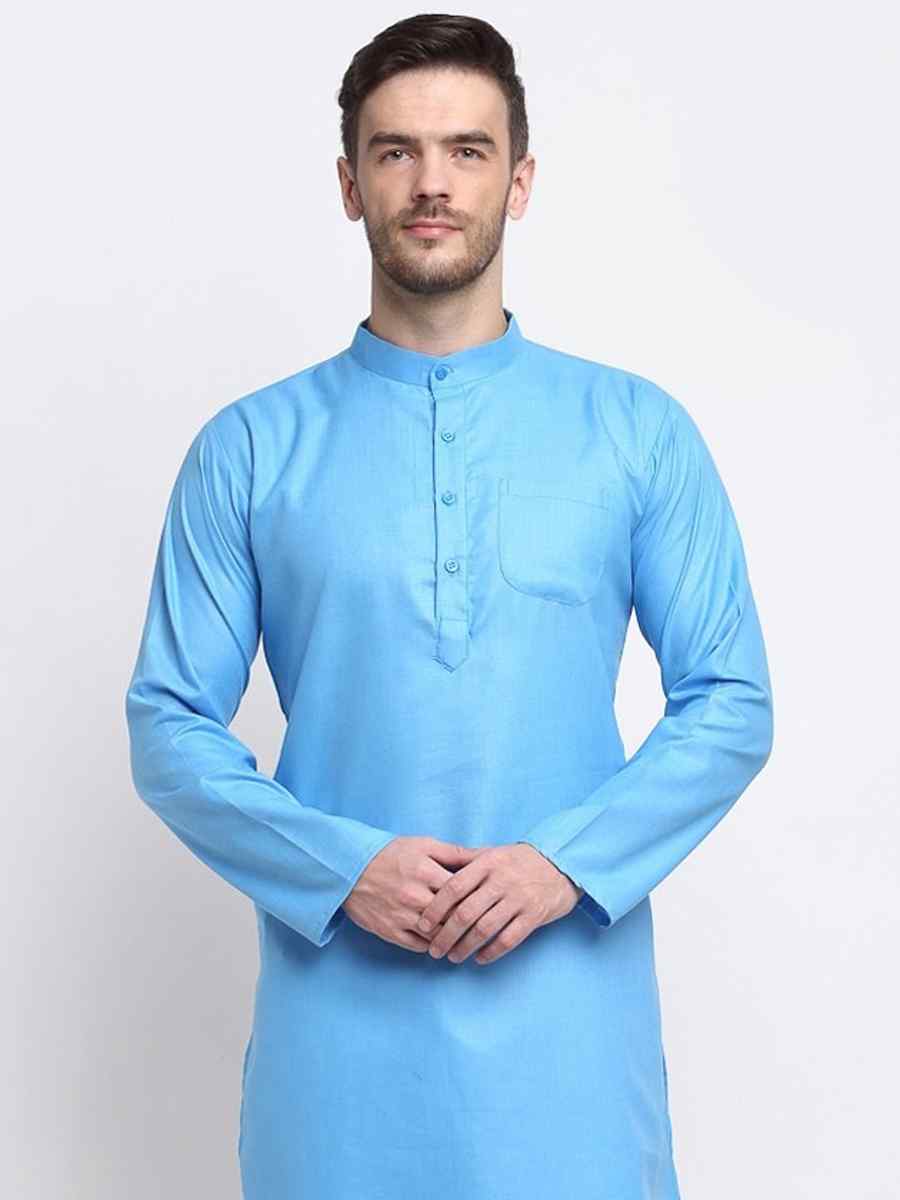 Sky Blue Cotton Blend Plain Festival Casual Kurta