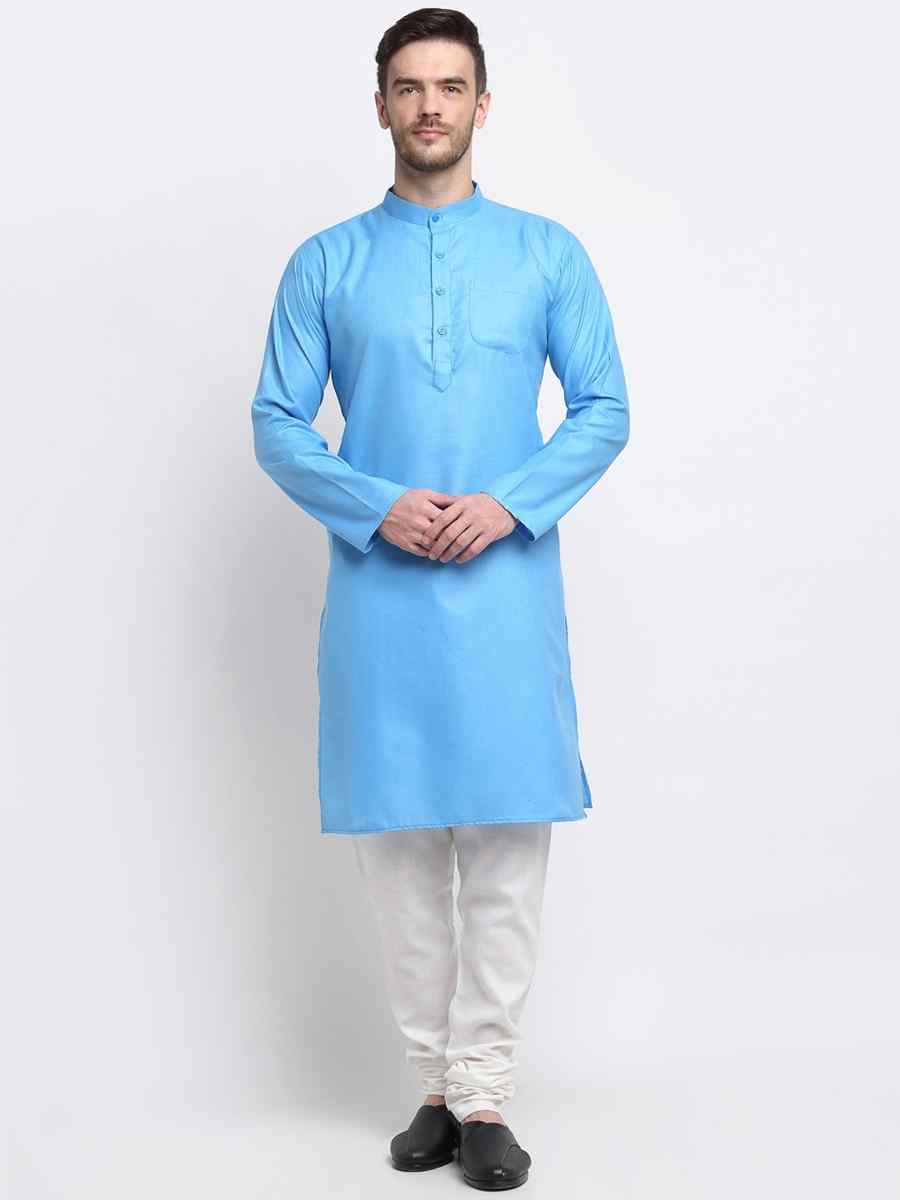 Sky Blue Cotton Blend Plain Festival Casual Kurta