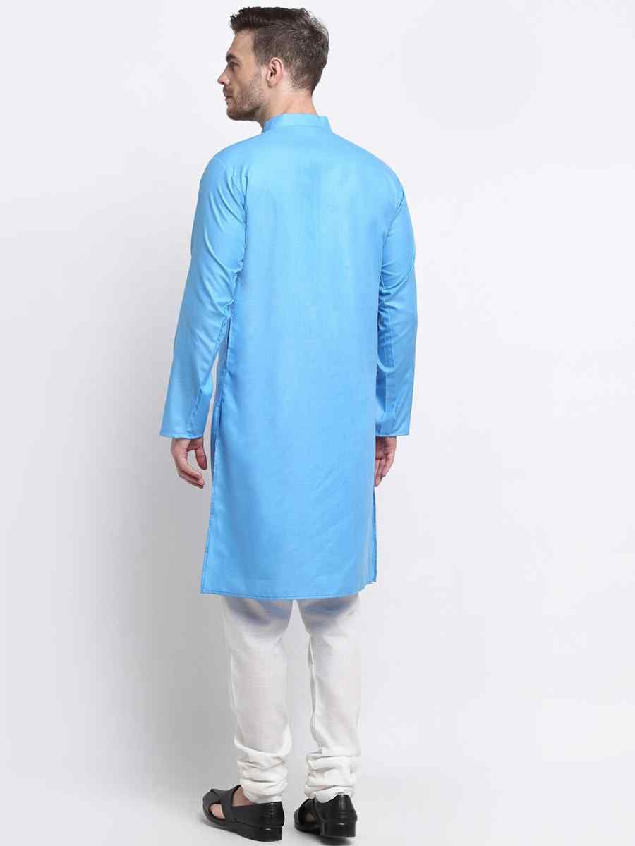 Sky Blue Cotton Blend Plain Festival Casual Kurta