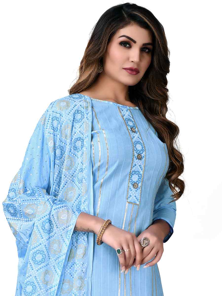 Sky Blue Cotton Embroidered Festival Wedding Pant Salwar Kameez
