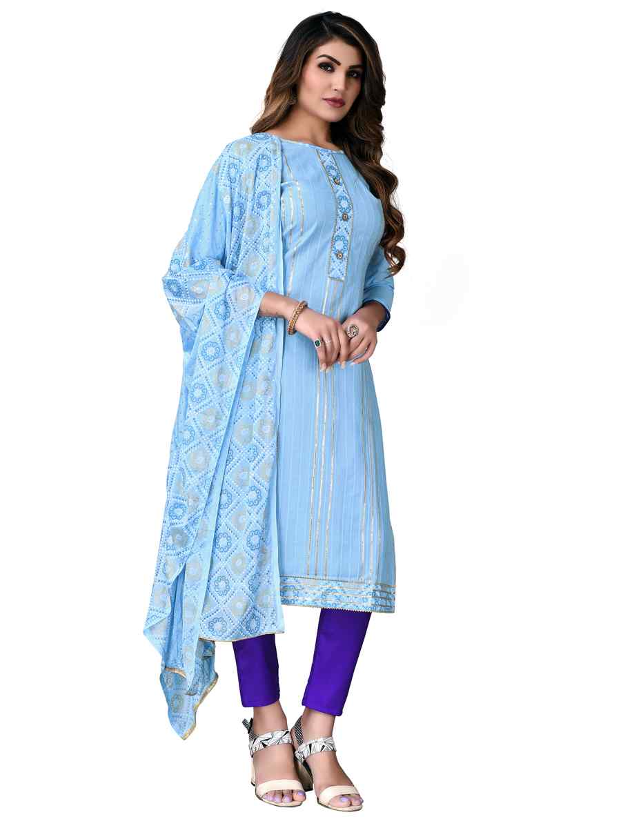 Sky Blue Cotton Embroidered Festival Wedding Pant Salwar Kameez