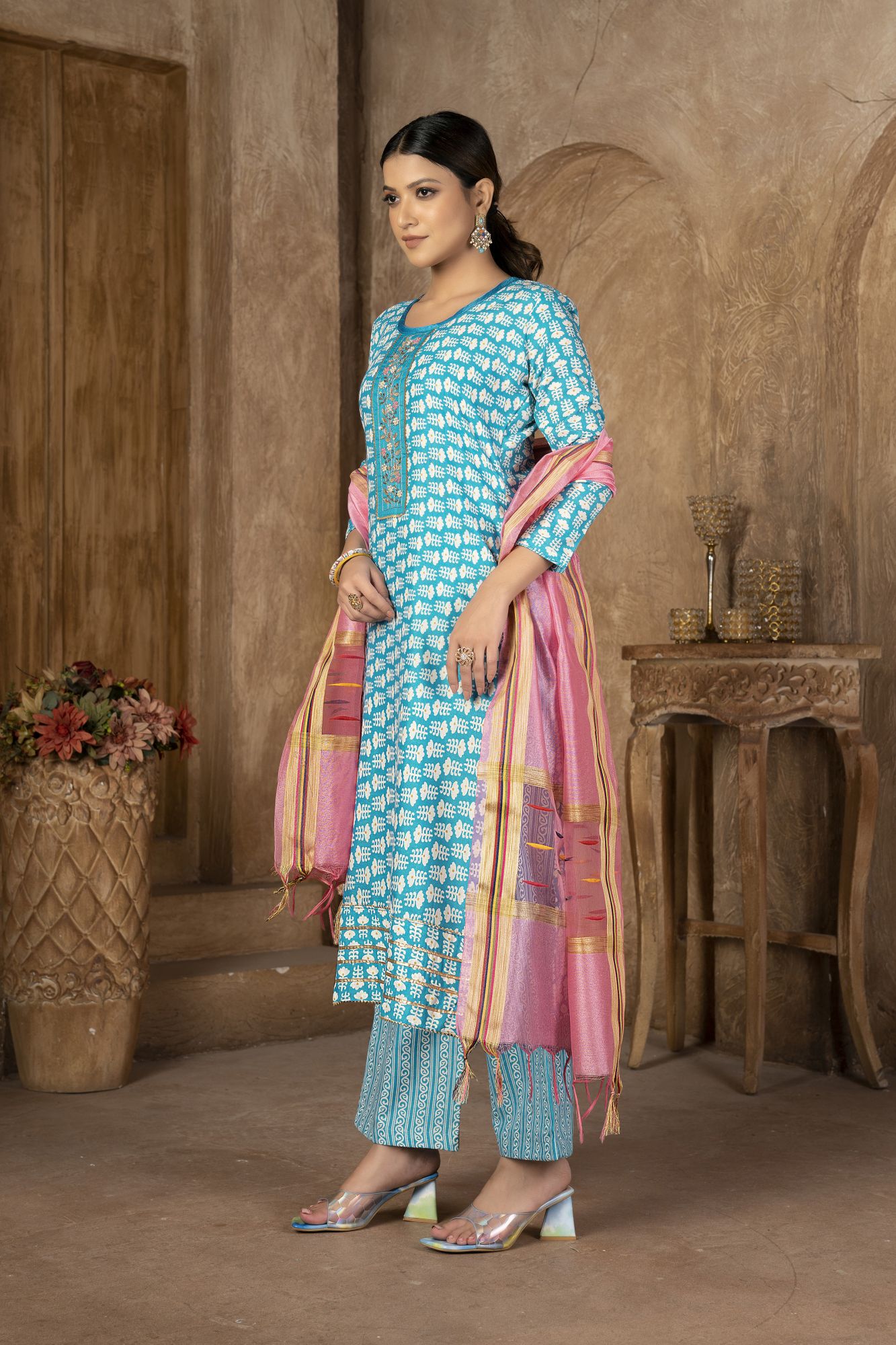 Sky Blue Cotton Embroidered Party  Festival Pant Salwar Kameez