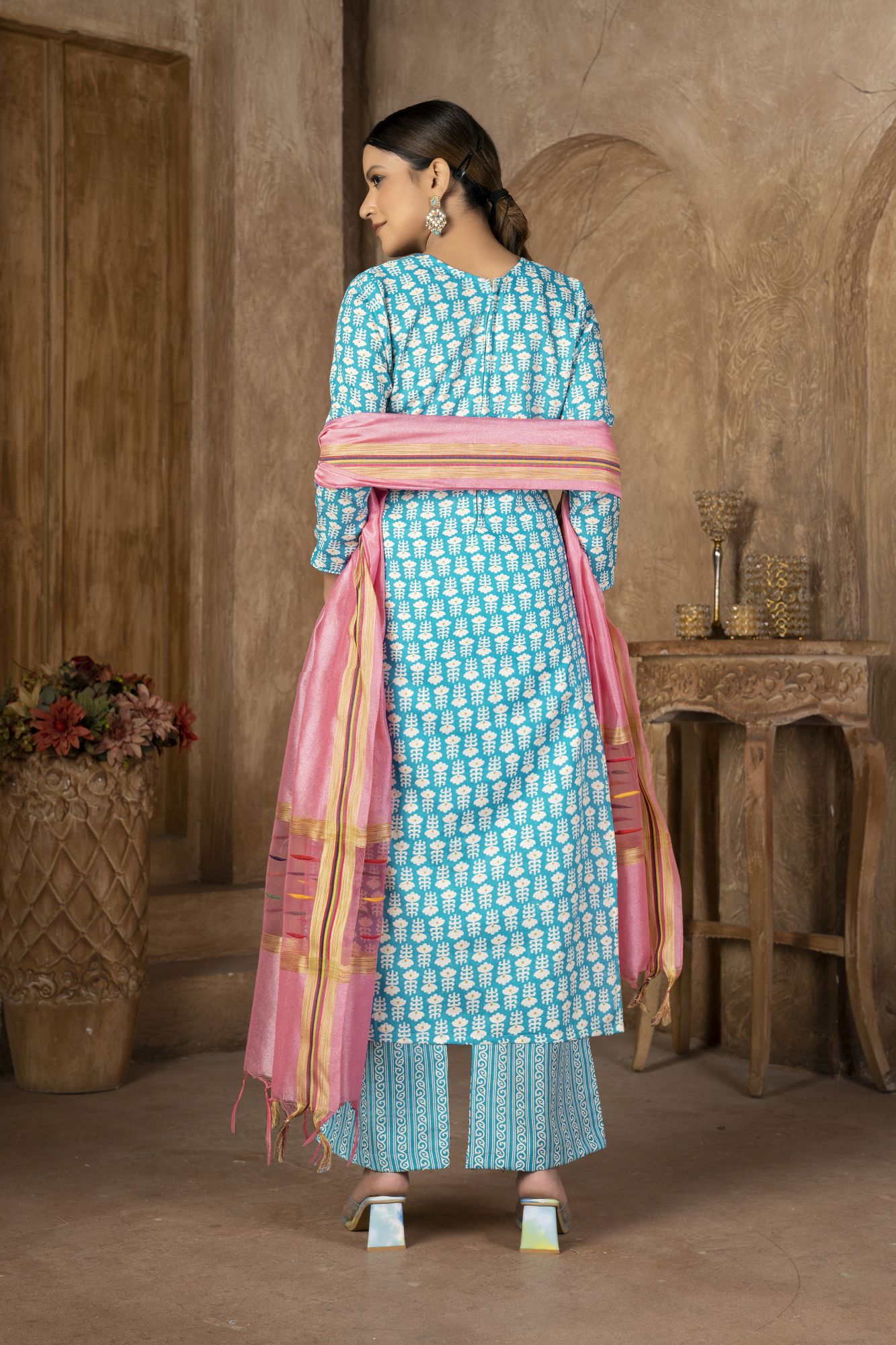 Sky Blue Cotton Embroidered Party  Festival Pant Salwar Kameez