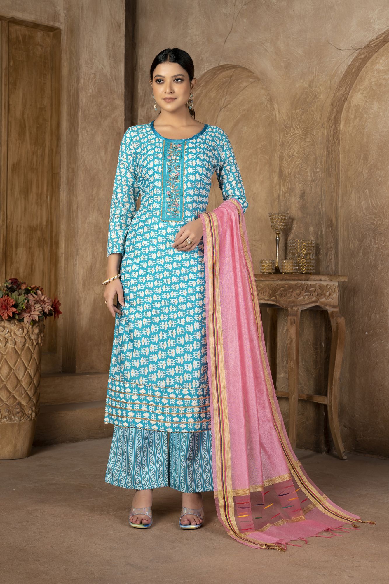 Sky Blue Cotton Embroidered Party  Festival Pant Salwar Kameez