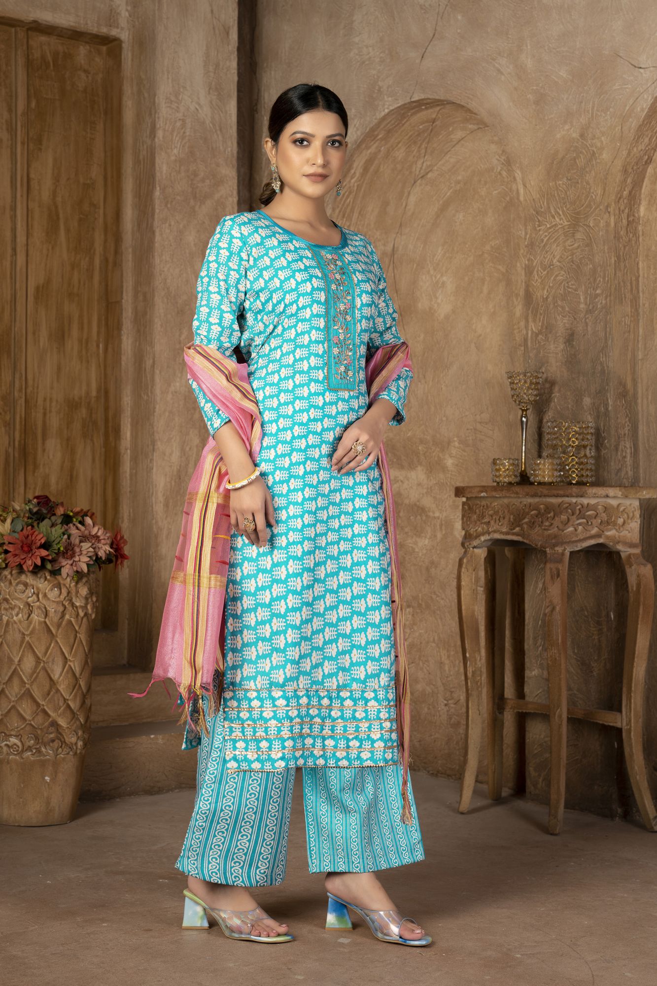 Sky Blue Cotton Embroidered Party  Festival Pant Salwar Kameez