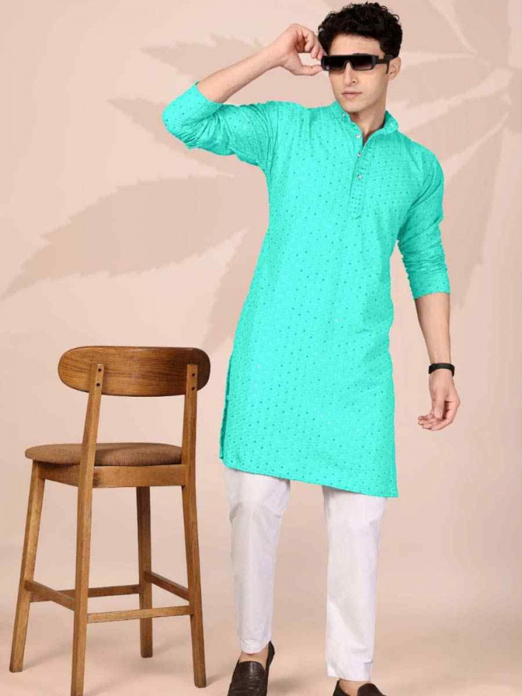 Image of Sky Blue Cotton Embroidery Festival Wedding Party Mens Kurta