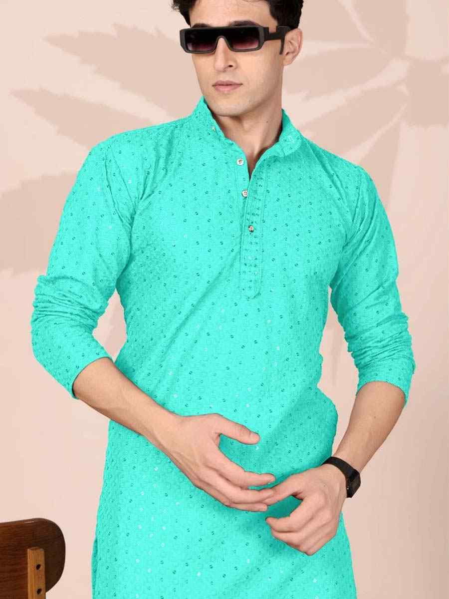 Sky Blue Cotton Embroidery Festival Wedding Party Mens Kurta