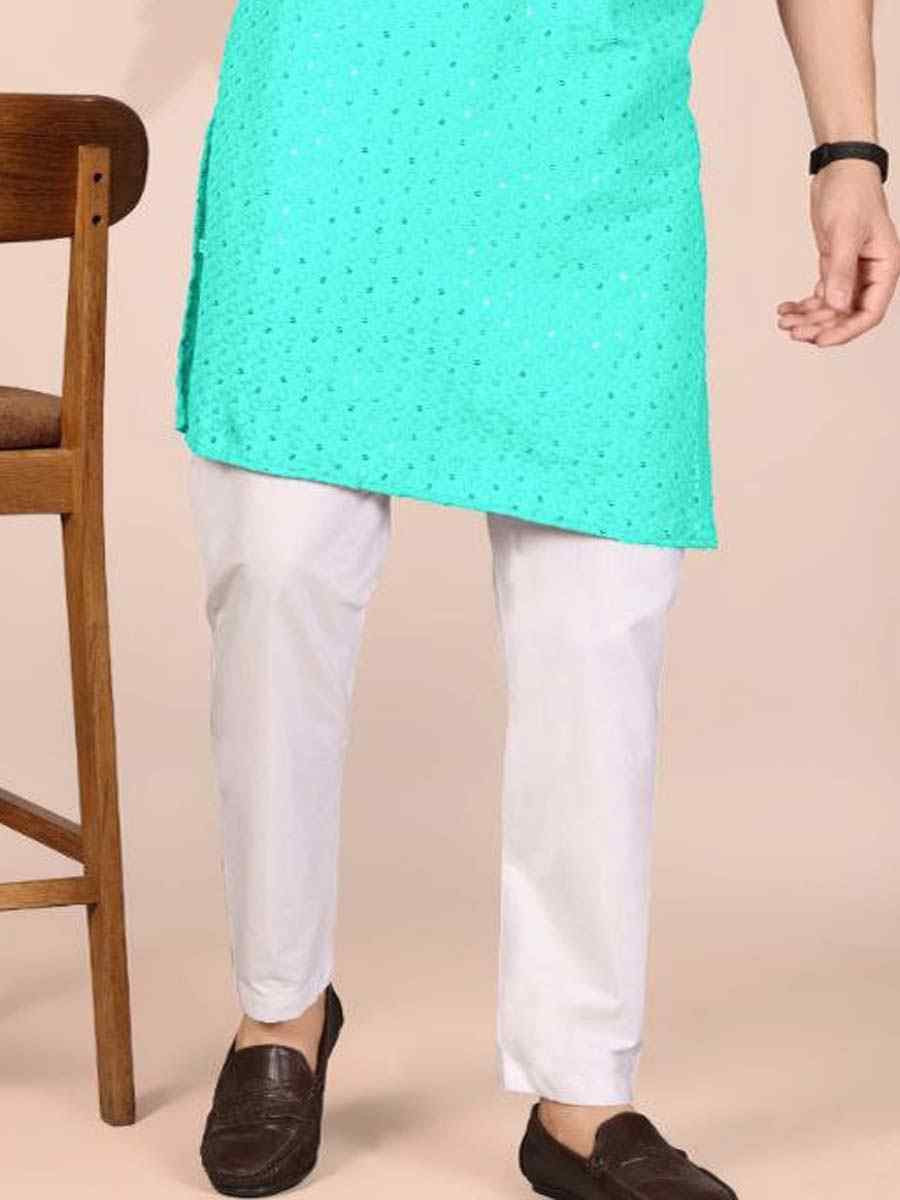 Sky Blue Cotton Embroidery Festival Wedding Party Mens Kurta