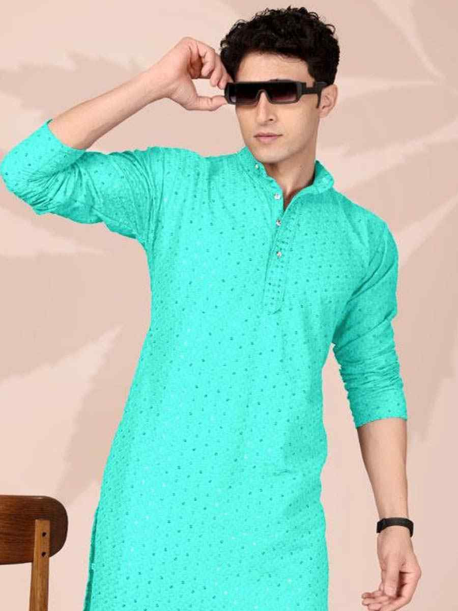 Sky Blue Cotton Embroidery Festival Wedding Party Mens Kurta