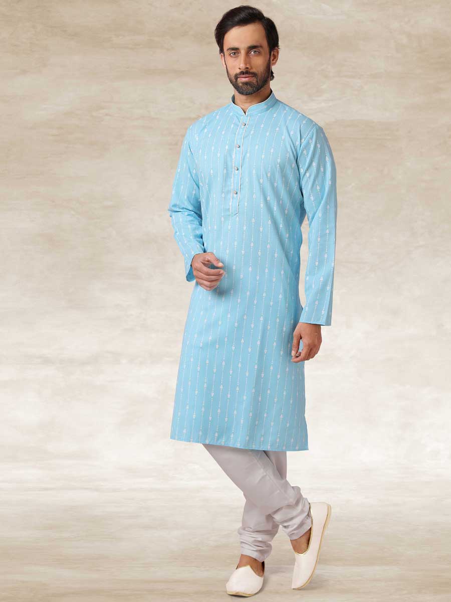 Sky Blue Cotton Handloom Festival Kurta Set