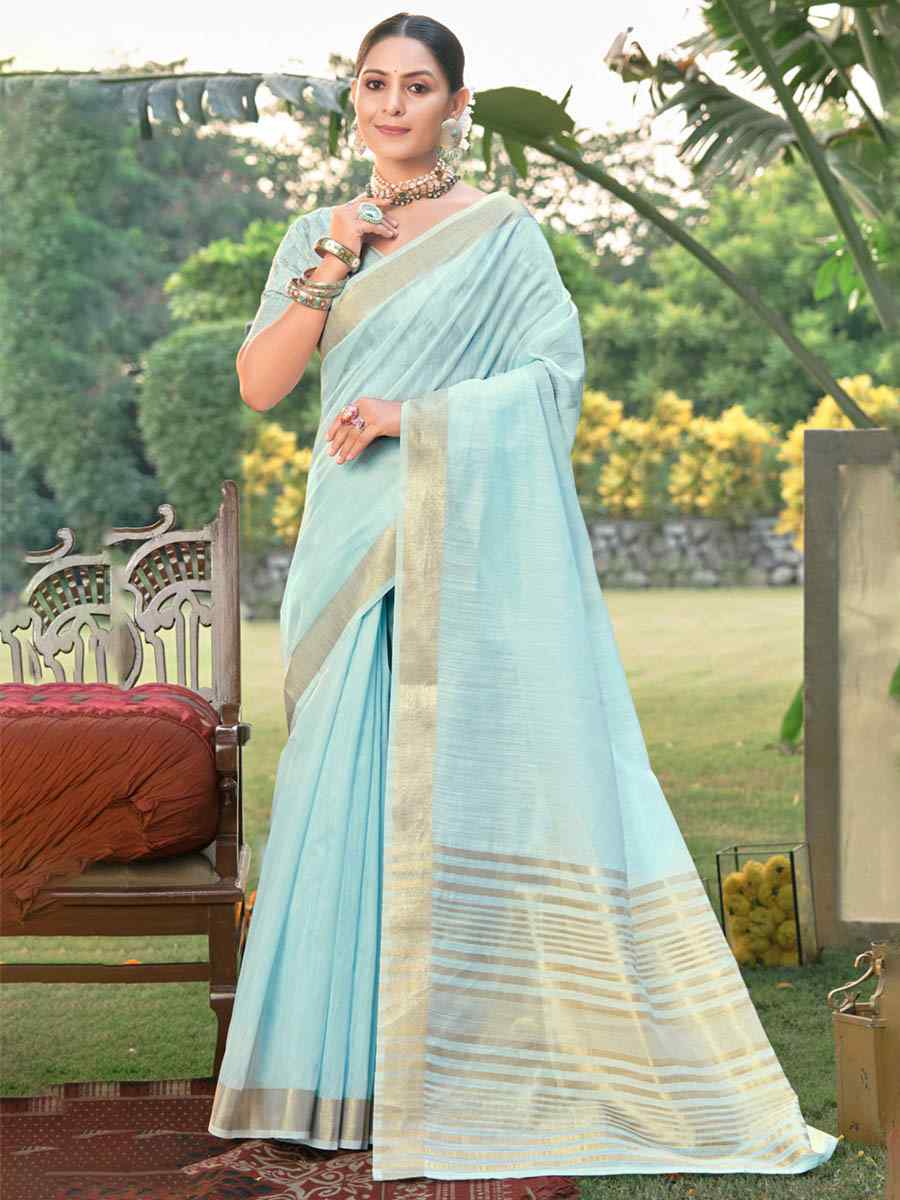 Sky Blue Cotton Handwoven Casual Festival Heavy Border Saree