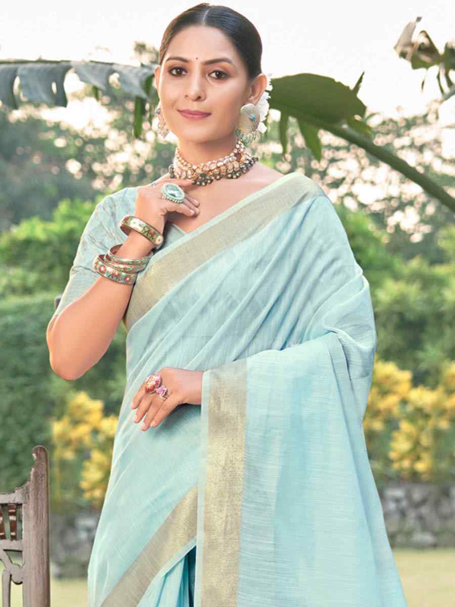 Sky Blue Cotton Handwoven Casual Festival Heavy Border Saree