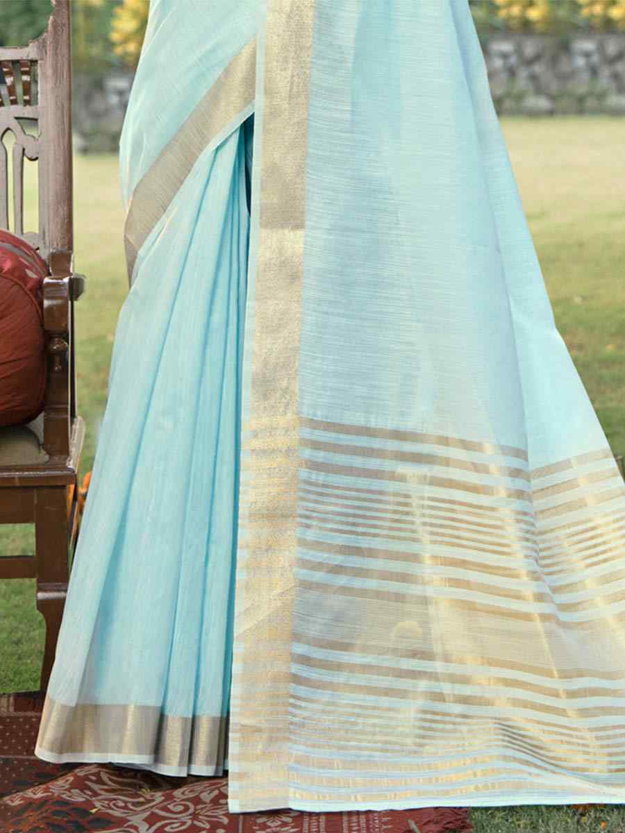 Sky Blue Cotton Handwoven Casual Festival Heavy Border Saree