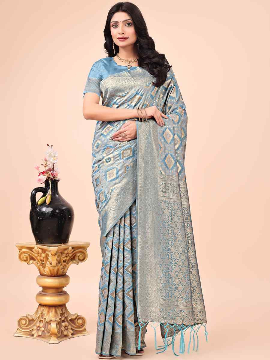 Sky Blue Cotton Handwoven Festival Wedding Fancy Heavy Border Saree