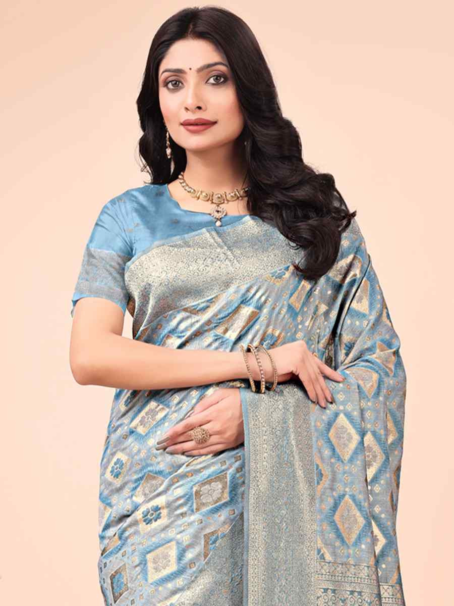 Sky Blue Cotton Handwoven Festival Wedding Fancy Heavy Border Saree