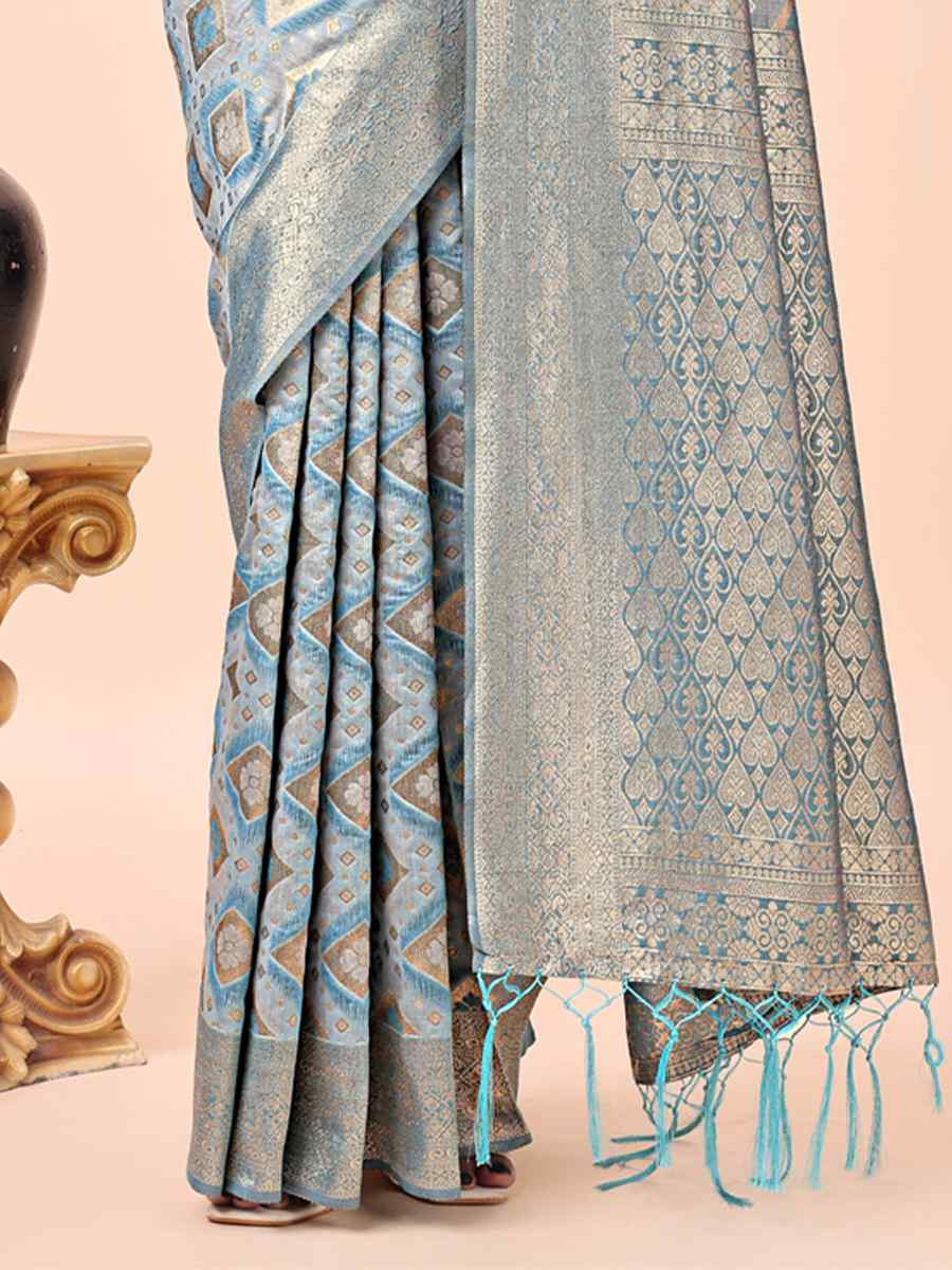 Sky Blue Cotton Handwoven Festival Wedding Fancy Heavy Border Saree