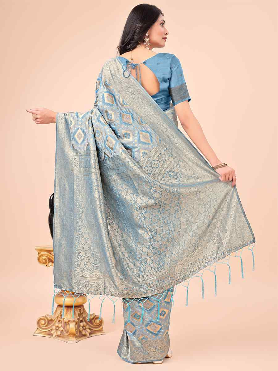 Sky Blue Cotton Handwoven Festival Wedding Fancy Heavy Border Saree