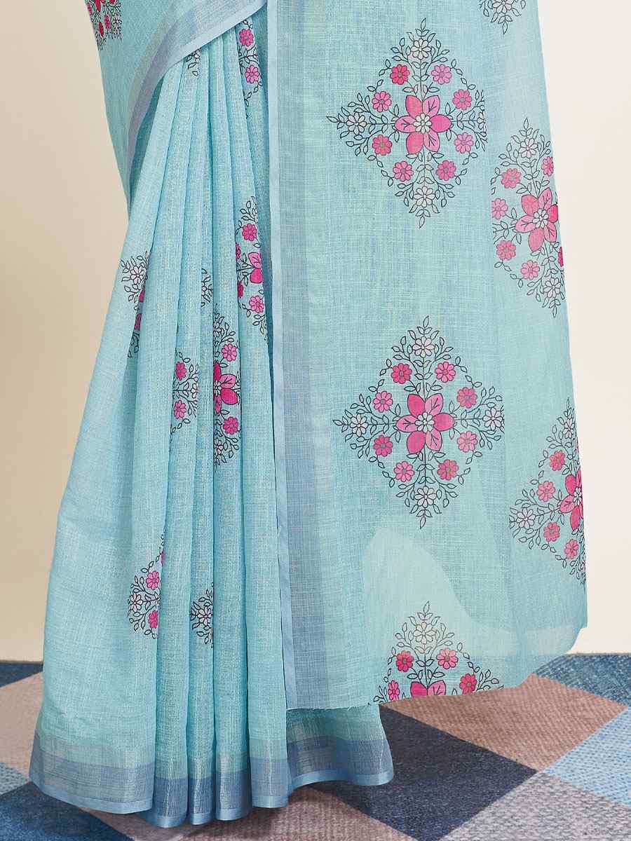 Sky Blue Cotton Printed Casual Festival Contemporary Saree