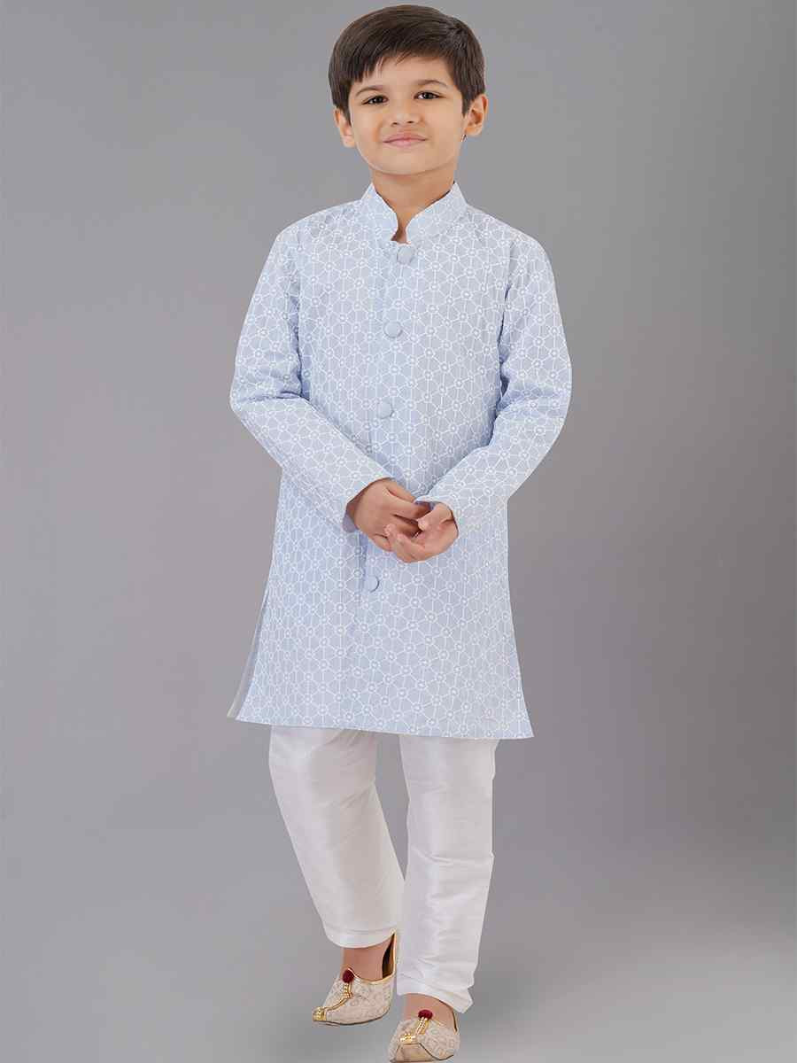 Sky Blue Cotton Silk Embroidered Festival Traditional Kurta Pyjama Boys Wear