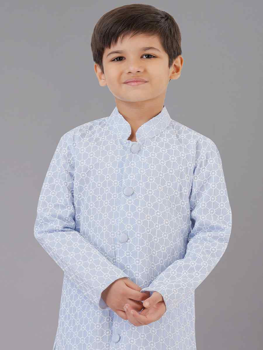 Sky Blue Cotton Silk Embroidered Festival Traditional Kurta Pyjama Boys Wear