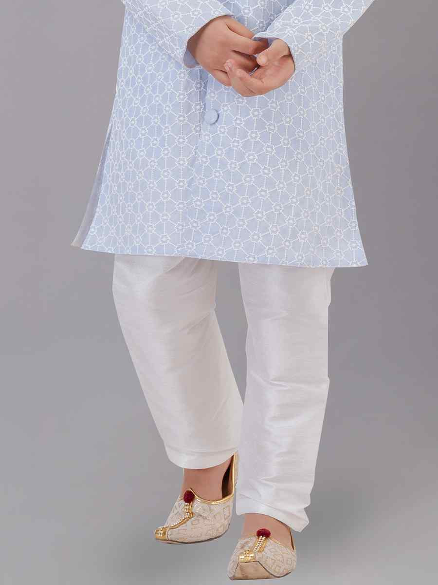 Sky Blue Cotton Silk Embroidered Festival Traditional Kurta Pyjama Boys Wear