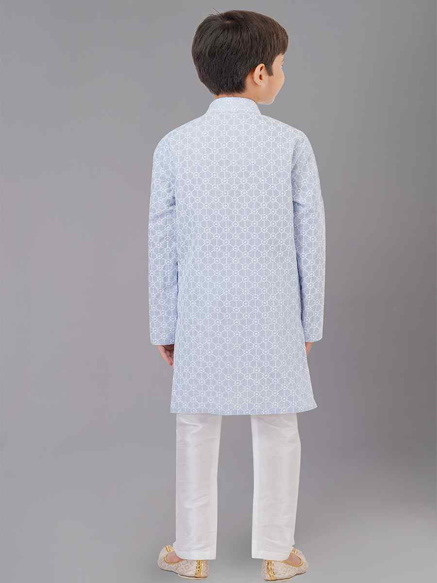 Sky Blue Cotton Silk Embroidered Festival Traditional Kurta Pyjama Boys Wear